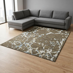 HomeRoots 9' X 12' Striped Washable Area Rug in Coffee, Ivory & Blue – Durable, UV-Resistant for Busy Homes 682042