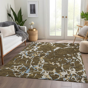 HomeRoots 9' X 12' Striped Washable Area Rug in Coffee, Ivory & Blue – Durable, UV-Resistant for Busy Homes 682042
