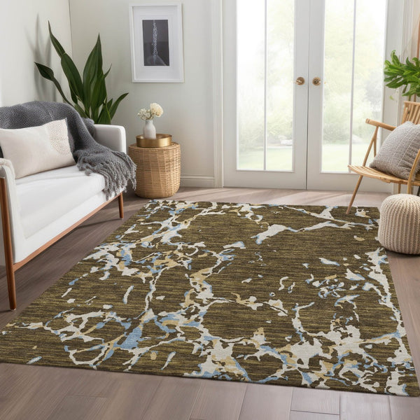 HomeRoots 9' X 12' Striped Washable Area Rug in Coffee, Ivory & Blue – Durable, UV-Resistant for Busy Homes 682042