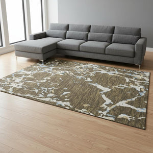 HomeRoots 10' X 14' Coffee Ivory And Blue Striped Washable Area Rug - Stylish, Durable, UV Protected for Homes 682043