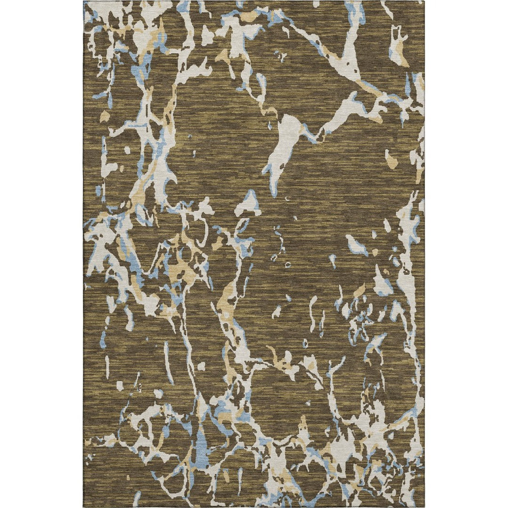 HomeRoots 10' X 14' Coffee Ivory And Blue Striped Washable Area Rug - Stylish, Durable, UV Protected for Homes 682043