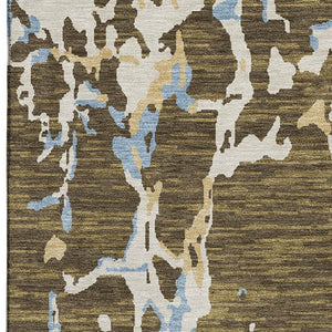 HomeRoots 10' X 14' Coffee Ivory And Blue Striped Washable Area Rug - Stylish, Durable, UV Protected for Homes 682043