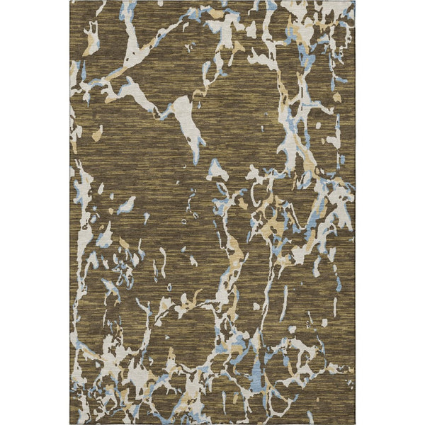 HomeRoots 10' X 14' Coffee Ivory And Blue Striped Washable Area Rug - Stylish, Durable, UV Protected for Homes 682043