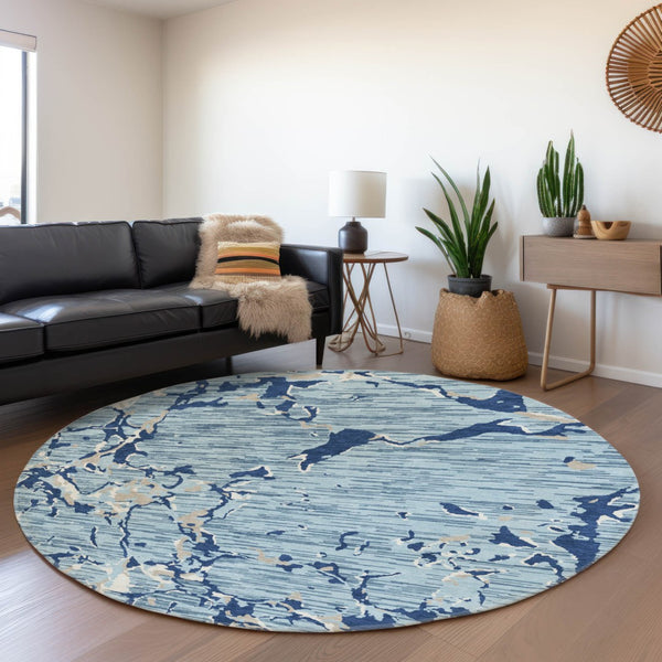 HomeRoots 8' Washable Round Rug in Denim Blue, Ivory & Gray Stripes – Stain Resistant, UV Protected, Durable Design 682046