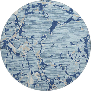 HomeRoots 8' Washable Round Rug in Denim Blue, Ivory & Gray Stripes – Stain Resistant, UV Protected, Durable Design 682046