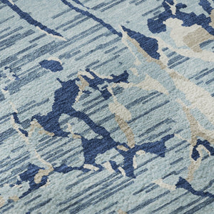 HomeRoots 8' Washable Round Rug in Denim Blue, Ivory & Gray Stripes – Stain Resistant, UV Protected, Durable Design 682046