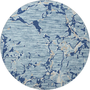 HomeRoots 8' Washable Round Rug in Denim Blue, Ivory & Gray Stripes – Stain Resistant, UV Protected, Durable Design 682046