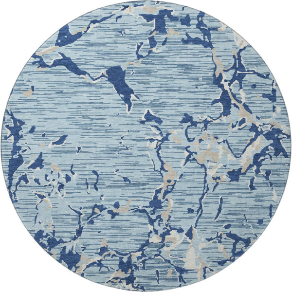 HomeRoots 8' Washable Round Rug in Denim Blue, Ivory & Gray Stripes – Stain Resistant, UV Protected, Durable Design 682046