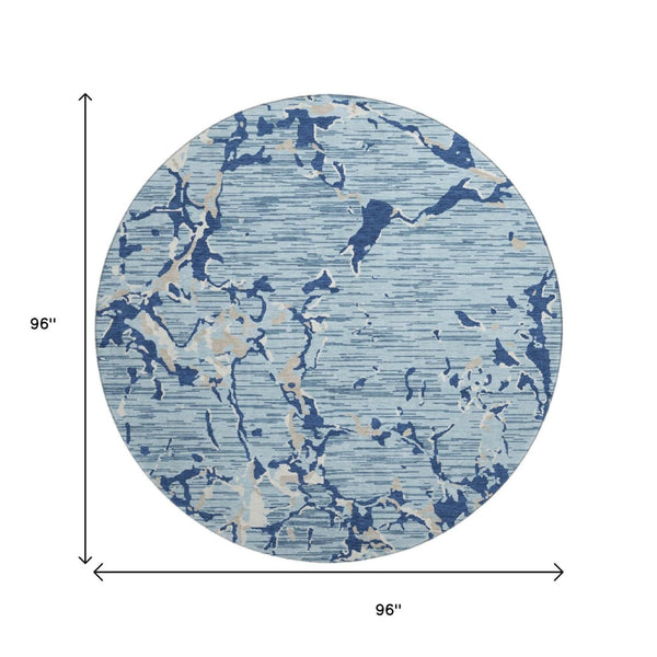 HomeRoots 8' Washable Round Rug in Denim Blue, Ivory & Gray Stripes – Stain Resistant, UV Protected, Durable Design 682046