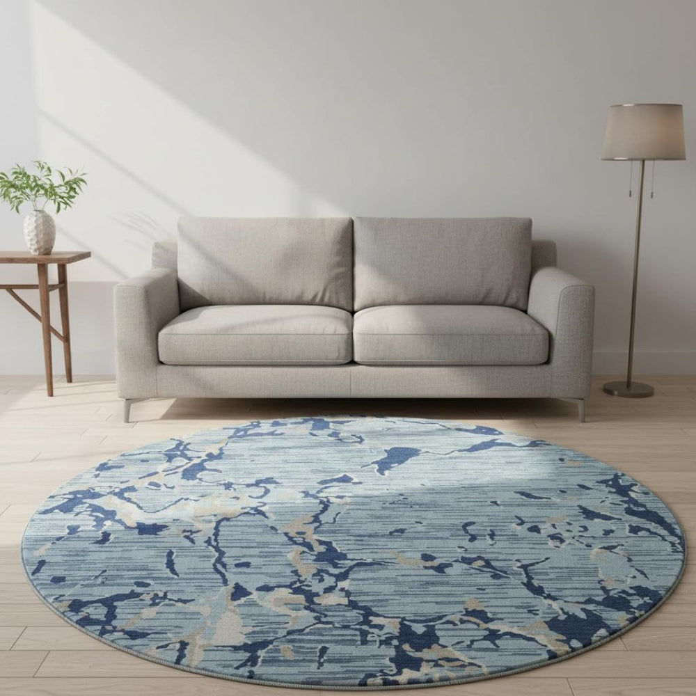 HomeRoots 8' Washable Round Rug in Denim Blue, Ivory & Gray Stripes – Stain Resistant, UV Protected, Durable Design 682046