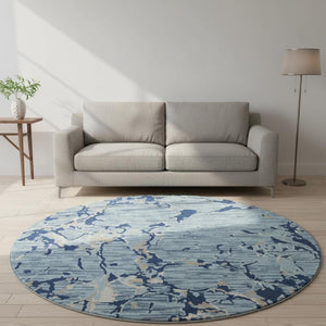 HomeRoots 8' Washable Round Rug in Denim Blue, Ivory & Gray Stripes – Stain Resistant, UV Protected, Durable Design 682046
