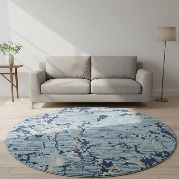 HomeRoots 8' Washable Round Rug in Denim Blue, Ivory & Gray Stripes – Stain Resistant, UV Protected, Durable Design 682046