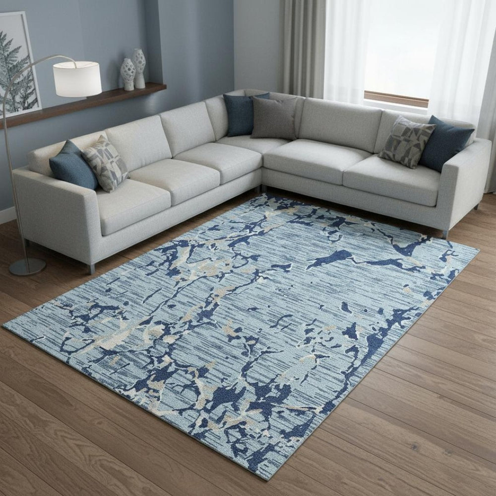 HomeRoots 9' X 12' Striped Denim Blue, Ivory & Gray Washable Area Rug - Durable, UV Protected & Stylish Decor 682048