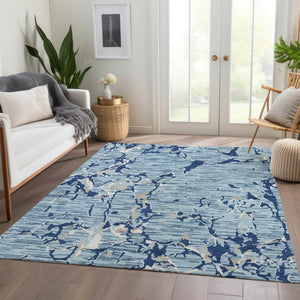 HomeRoots 9' X 12' Striped Denim Blue, Ivory & Gray Washable Area Rug - Durable, UV Protected & Stylish Decor 682048