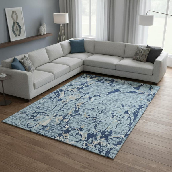 HomeRoots 10' Stylish Denim Blue, Ivory & Gray Striped Washable Area Rug with UV Protection for High-Traffic Homes 682049