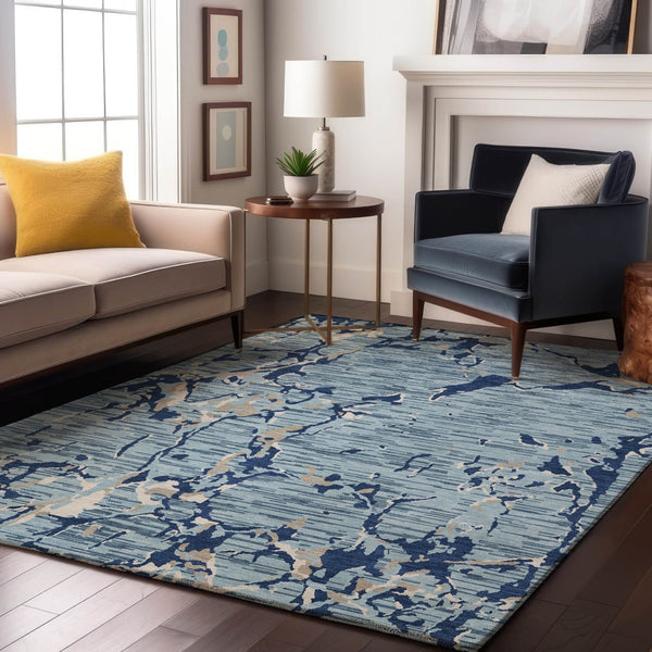 HomeRoots 10' Stylish Denim Blue, Ivory & Gray Striped Washable Area Rug with UV Protection for High-Traffic Homes 682049