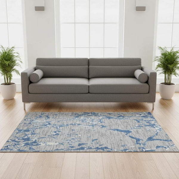 HomeRoots 5' X 8' Gray-Blue & Ivory Striped Area Rug - Washable, UV Protected, Stain Resistant for High-Traffic Use 682051