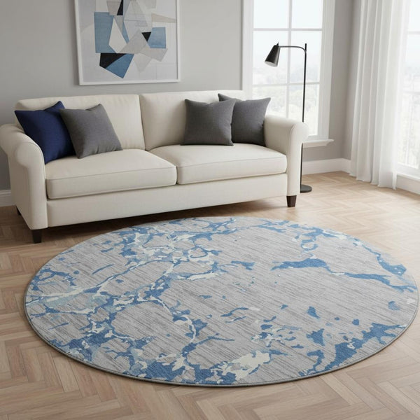 HomeRoots 8' Gray Blue Ivory Striped Washable Round Rug – Durable, UV Protected, Perfect for Indoor & Outdoor Use 682052