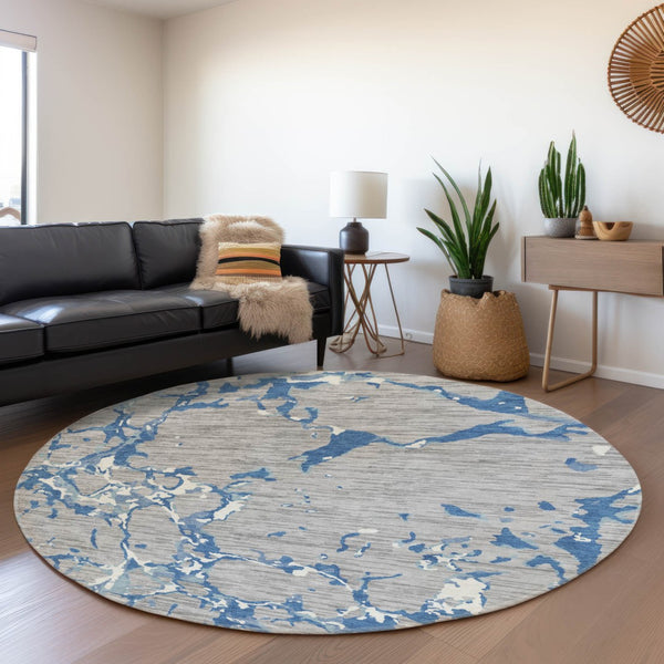 HomeRoots 8' Gray Blue Ivory Striped Washable Round Rug – Durable, UV Protected, Perfect for Indoor & Outdoor Use 682052