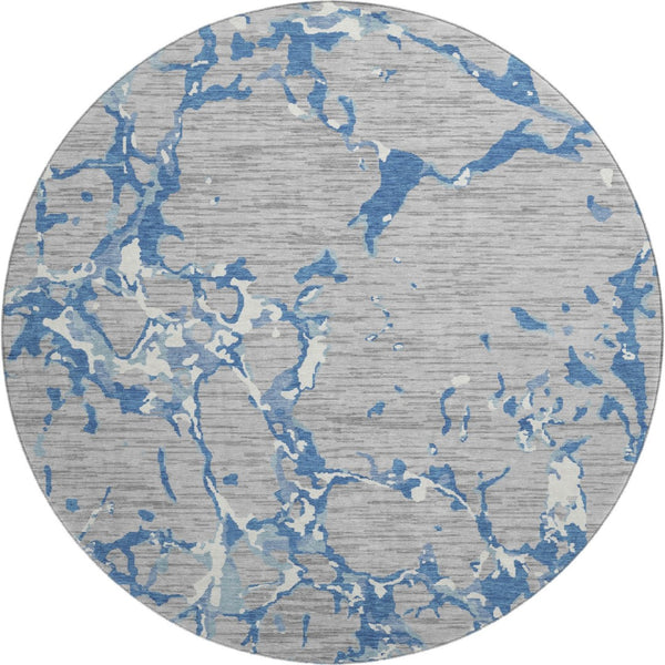 HomeRoots 8' Gray Blue Ivory Striped Washable Round Rug – Durable, UV Protected, Perfect for Indoor & Outdoor Use 682052