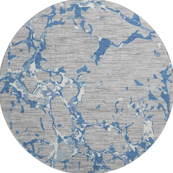 HomeRoots 8' Gray Blue Ivory Striped Washable Round Rug – Durable, UV Protected, Perfect for Indoor & Outdoor Use 682052