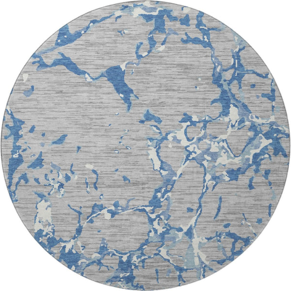 HomeRoots 8' Gray Blue Ivory Striped Washable Round Rug – Durable, UV Protected, Perfect for Indoor & Outdoor Use 682052