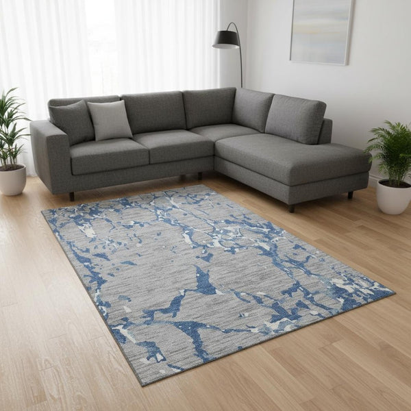 HomeRoots 8' X 10' Gray-Blue & Ivory Striped Washable Rug – Durable, UV-Protected, Easy-Clean for Families & Pets 682053