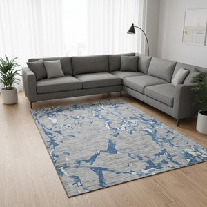 HomeRoots 9' X 12' Gray Blue Ivory Striped Area Rug – Durable Washable, UV Protected, Stain-Resistant Design! 682054