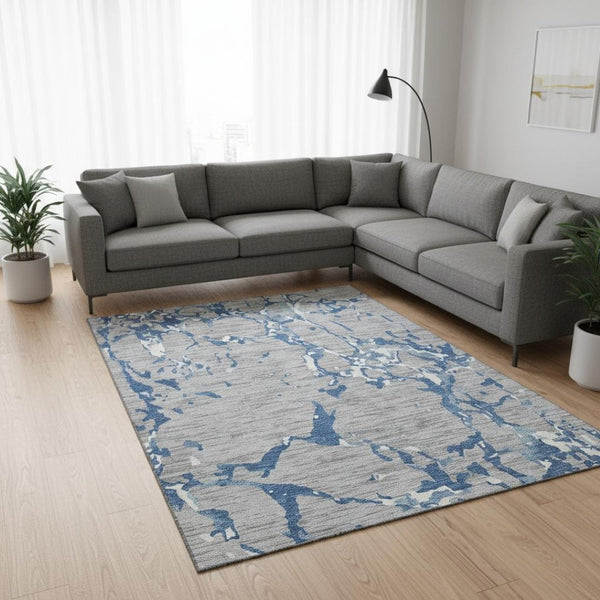 HomeRoots 9' X 12' Gray Blue Ivory Striped Area Rug – Durable Washable, UV Protected, Stain-Resistant Design! 682054
