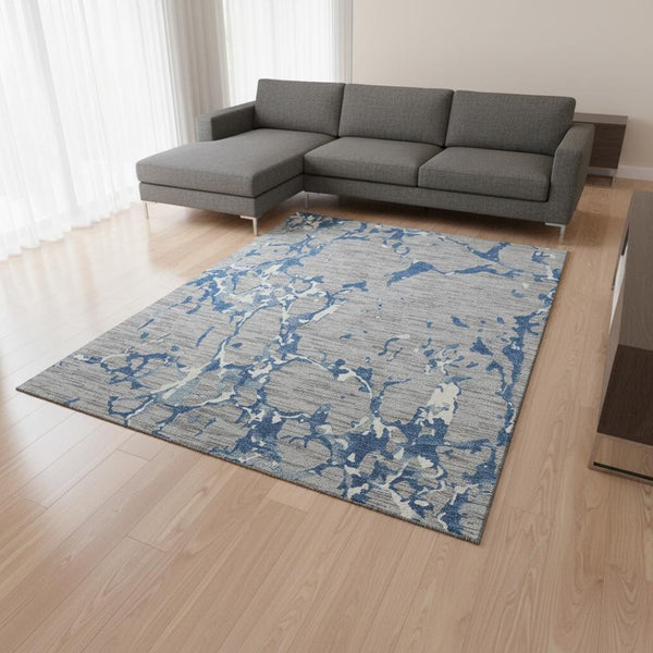 HomeRoots 10' Washable Gray-Blue & Ivory Striped Area Rug with UV Protection - Perfect for Busy Homes & Decor 682055