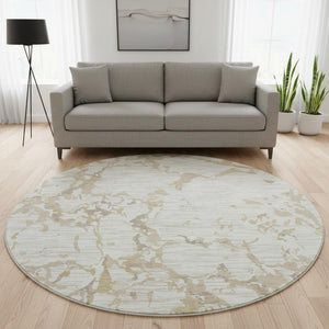HomeRoots 8' Ivory Beige and Taupe Striped Washable Round Rug - Durable, UV-Protected, Ideal for Busy Homes 682058