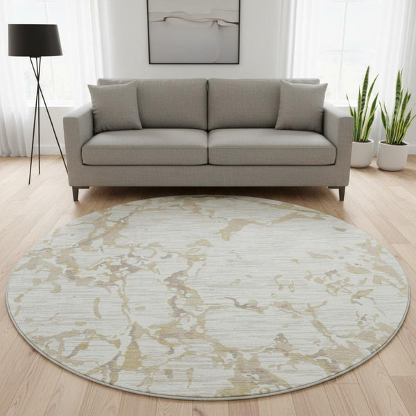 HomeRoots 8' Ivory Beige and Taupe Striped Washable Round Rug - Durable, UV-Protected, Ideal for Busy Homes 682058