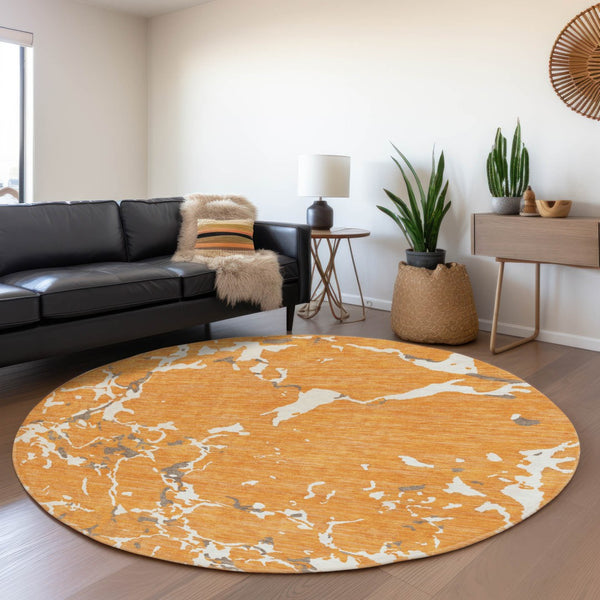HomeRoots 8' Striped Washable Round Rug in Orange, Ivory & Gray - UV Protected, Stain Resistant, Easy Care! 682064
