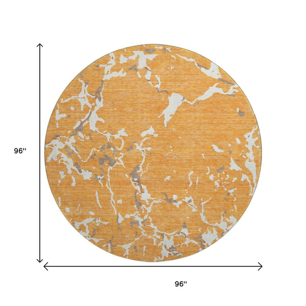 HomeRoots 8' Striped Washable Round Rug in Orange, Ivory & Gray - UV Protected, Stain Resistant, Easy Care! 682064