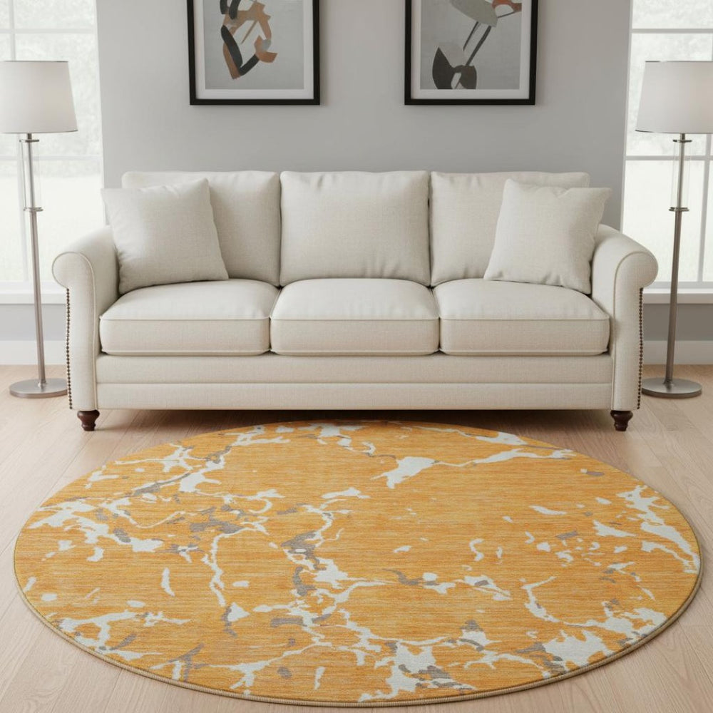 HomeRoots 8' Striped Washable Round Rug in Orange, Ivory & Gray - UV Protected, Stain Resistant, Easy Care! 682064