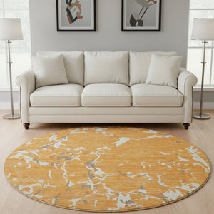 HomeRoots 8' Striped Washable Round Rug in Orange, Ivory & Gray - UV Protected, Stain Resistant, Easy Care! 682064