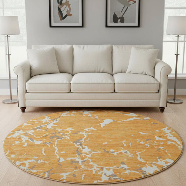 HomeRoots 8' Striped Washable Round Rug in Orange, Ivory & Gray - UV Protected, Stain Resistant, Easy Care! 682064