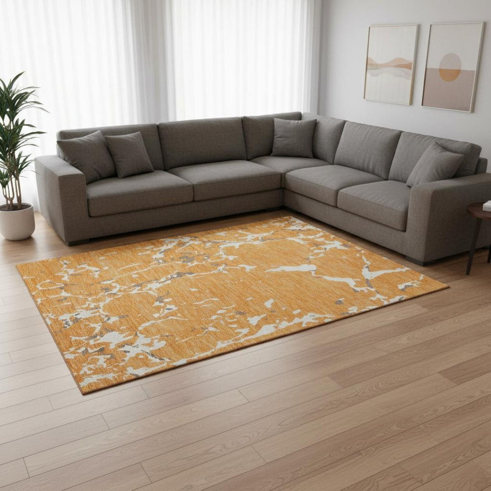 HomeRoots 9' X 12' Striped Washable Area Rug in Orange, Ivory & Gray - UV Protected, Stain-Resistant, Durable Design 682066