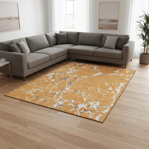 HomeRoots 10' X 14' Striped Washable Area Rug in Orange, Ivory & Gray - UV Protected, Durable & Stylish Design 682067