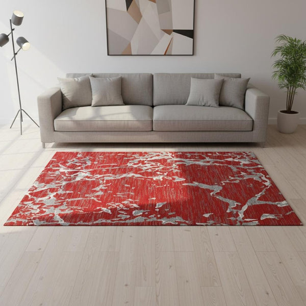 HomeRoots 5' X 8' Washable Striped Area Rug in Red, Gray & Ivory – Durable, Stain Resistant with UV Protection 682069