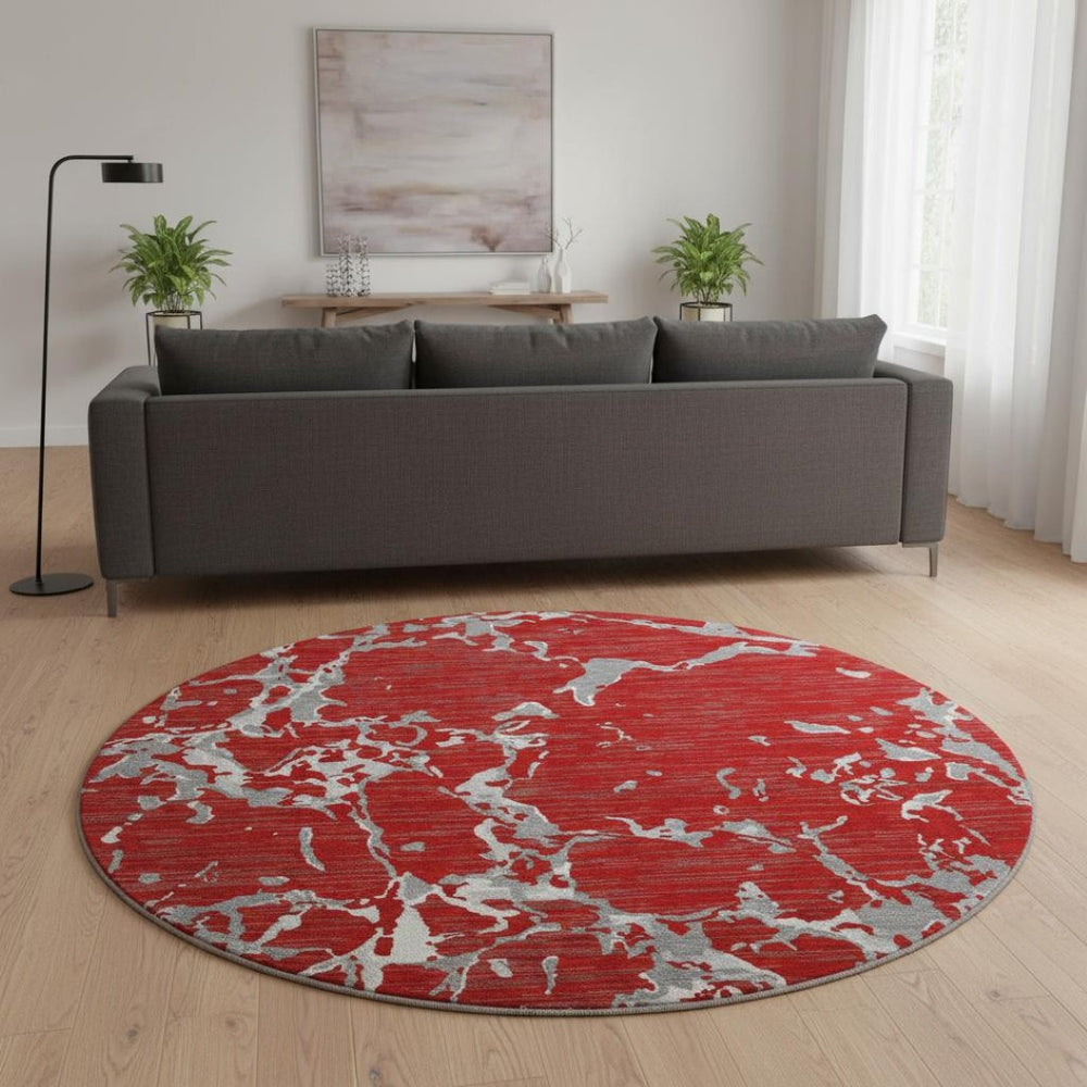 HomeRoots 8' Striped Washable Round Rug in Red, Gray & Ivory - UV Protected, Stain Resistant, Ideal for Homes 682070