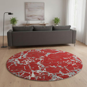 HomeRoots 8' Striped Washable Round Rug in Red, Gray & Ivory - UV Protected, Stain Resistant, Ideal for Homes 682070