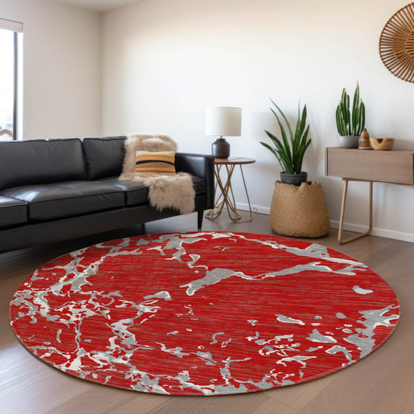 HomeRoots 8' Striped Washable Round Rug in Red, Gray & Ivory - UV Protected, Stain Resistant, Ideal for Homes 682070
