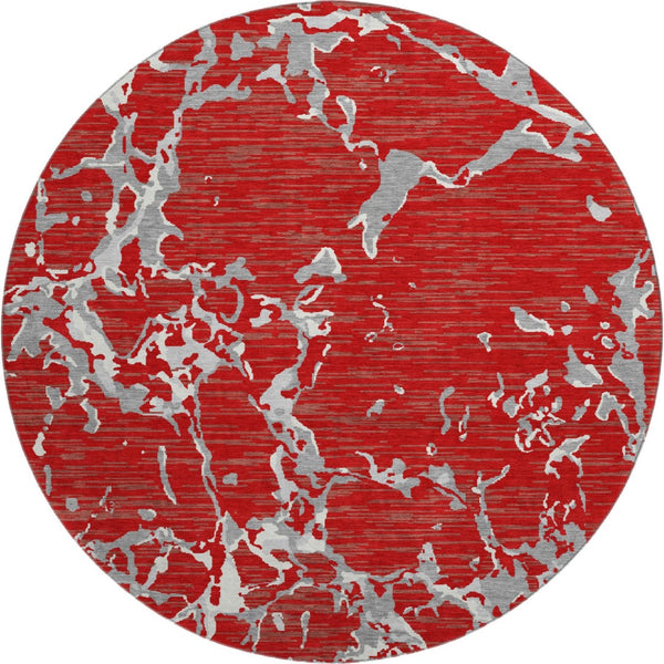 HomeRoots 8' Striped Washable Round Rug in Red, Gray & Ivory - UV Protected, Stain Resistant, Ideal for Homes 682070
