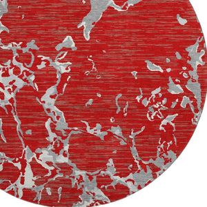 HomeRoots 8' Striped Washable Round Rug in Red, Gray & Ivory - UV Protected, Stain Resistant, Ideal for Homes 682070