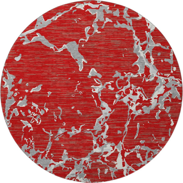HomeRoots 8' Striped Washable Round Rug in Red, Gray & Ivory - UV Protected, Stain Resistant, Ideal for Homes 682070