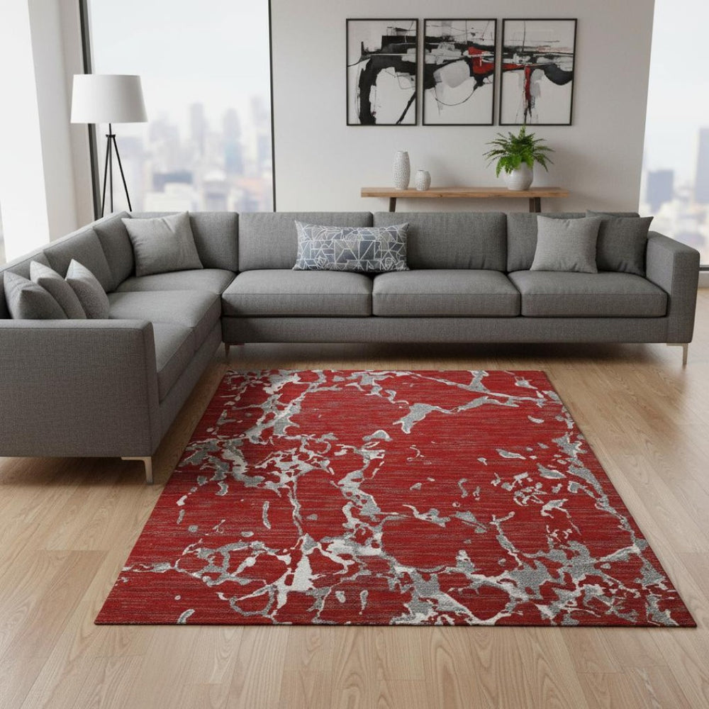 HomeRoots 8' X 10' Stylish Red Gray Ivory Striped Washable Area Rug with UV Protection for High-Traffic Spaces 682071