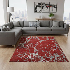HomeRoots 8' X 10' Stylish Red Gray Ivory Striped Washable Area Rug with UV Protection for High-Traffic Spaces 682071
