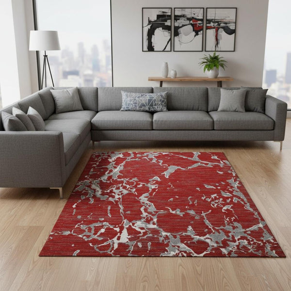 HomeRoots 8' X 10' Stylish Red Gray Ivory Striped Washable Area Rug with UV Protection for High-Traffic Spaces 682071