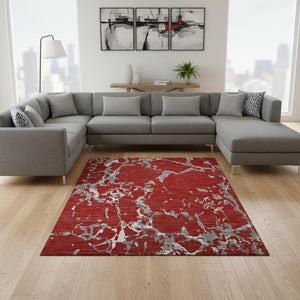 HomeRoots 9' X 12' Striped Red Gray Ivory Washable Area Rug with UV Protection for Pets & Kids - Durable Style! 682072